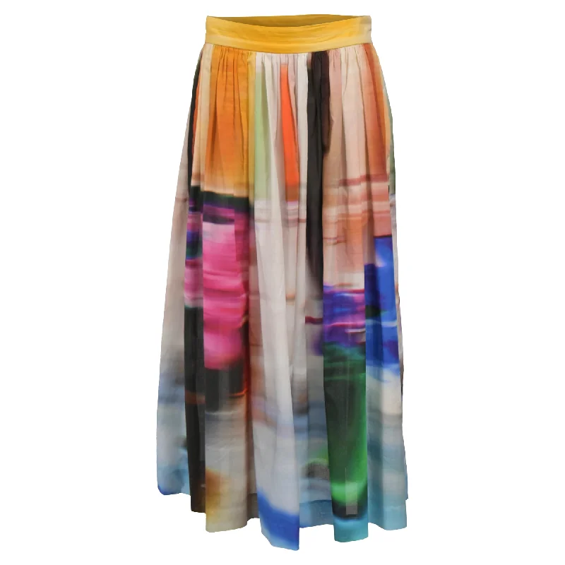 Dries Van Noten Midi Pleated Print Skirt in Multicolor Cotton