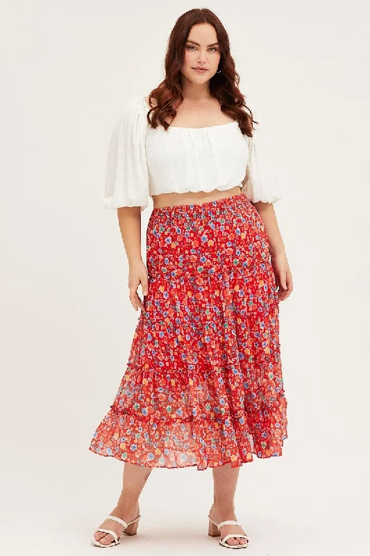 Floral Print Maxi Skirt Elastic Waist