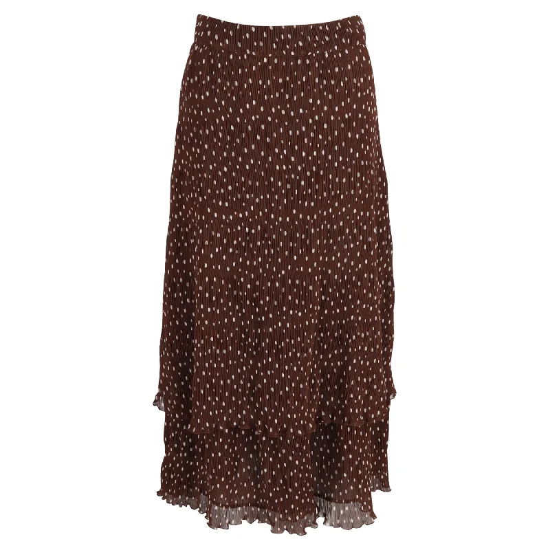 Ganni Pleated Polka-Dot Midi Skirt in Brown Polyester