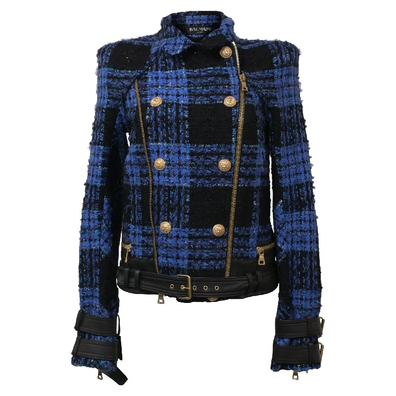 Balmain Tweed Biker Jacket in Blue Wool