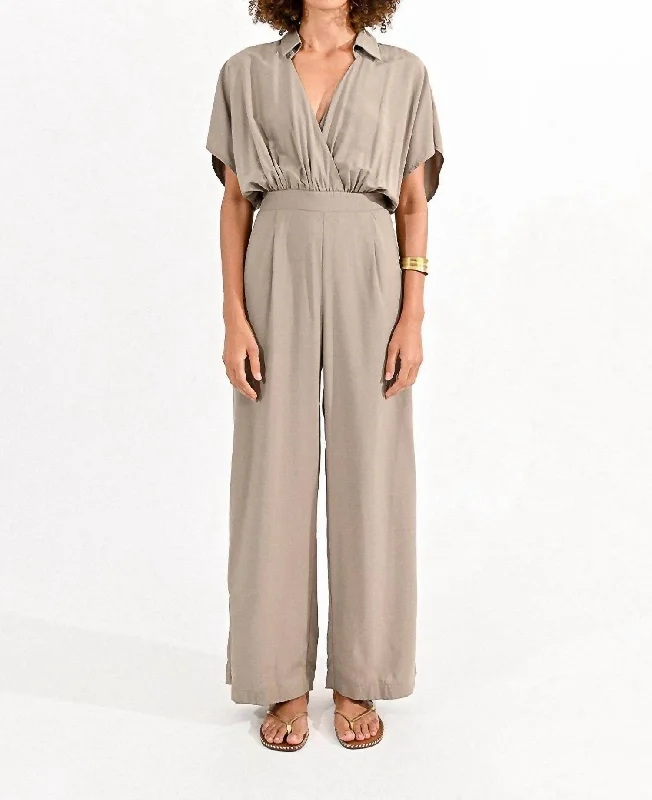 Chic Collar Jumpsuit In Khaki