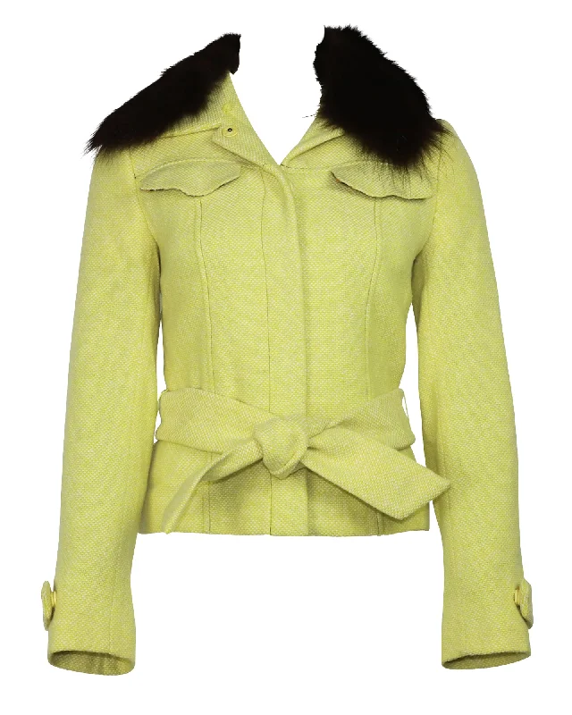 Dolce & Gabbana Tweed Belted Jacket with Detachable Fur in Yellow Wool