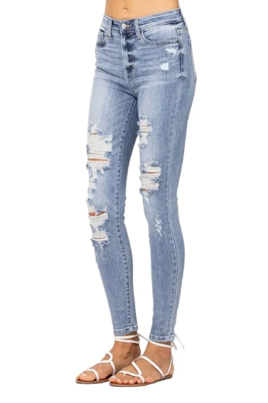 High Rise Bleach Splatter Destroyed Skinny In Light Denim