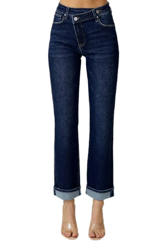 High Rise Straight Leg With Cross Over Waistband In Dark Denim