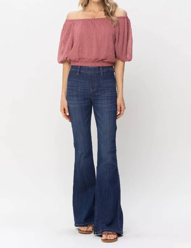 High Waist Pull On Flare Jean In Blue