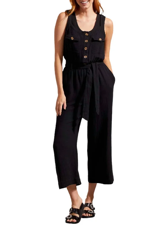 Jumpsuit With Sash And Pockets Button Front In Black