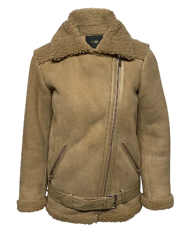 Maje Gombery Shearling Jacket in Beige Suede