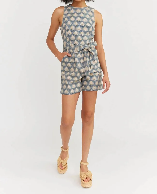 Novelty Geo Linen Tie Waist Romper In Blue Natural