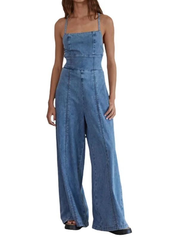 Records On Denim Jumpsuit In Denim Blue