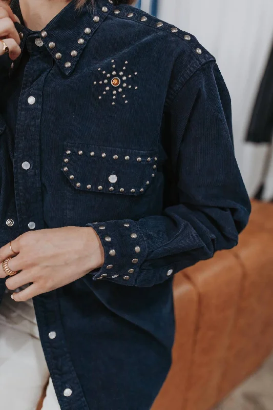 Upcycled Corduroy Shirt With Studs In Blue