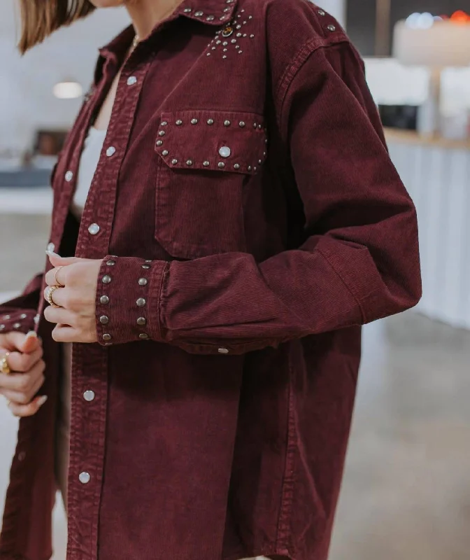 Upcycled Corduroy Shirt With Studs In Burgundy