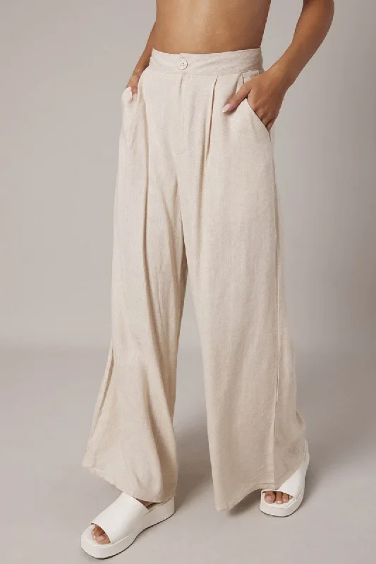 Beige Wide Leg Pants High Rise Linen Blend