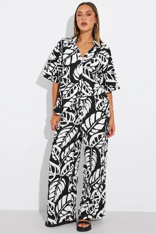 Black Abstract Wide Leg Pants Mid Rise