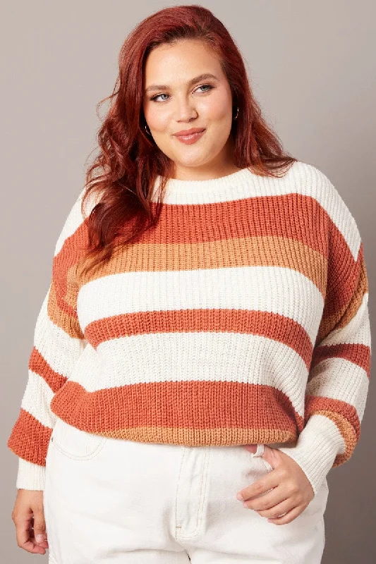 Brown Stripe Stripe Knit Jumper Long Sleeve Round Neck