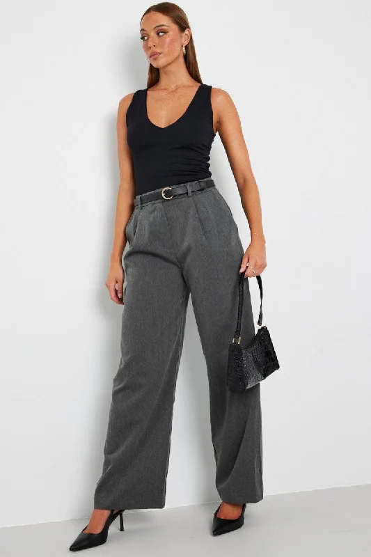 Grey Wide Leg Pants Mid Rise