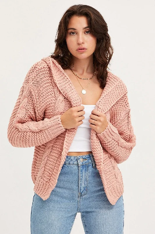 Pink Knit Cardigan Long Sleeve Hoodie