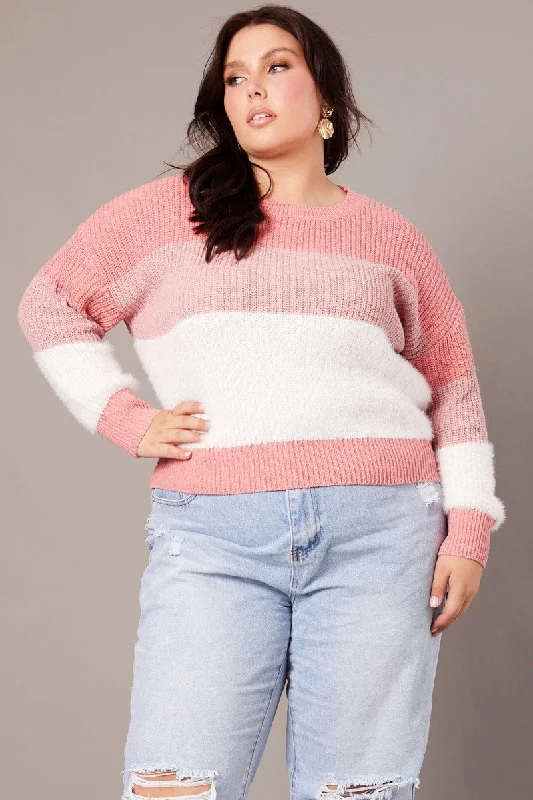 Pink Stripe Knit Jumper Long Sleeve Crew Neck Oversized