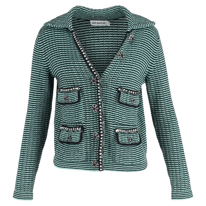 Self-Portrait Stripe Pocket Detail Collared Cardigan in Green Wool