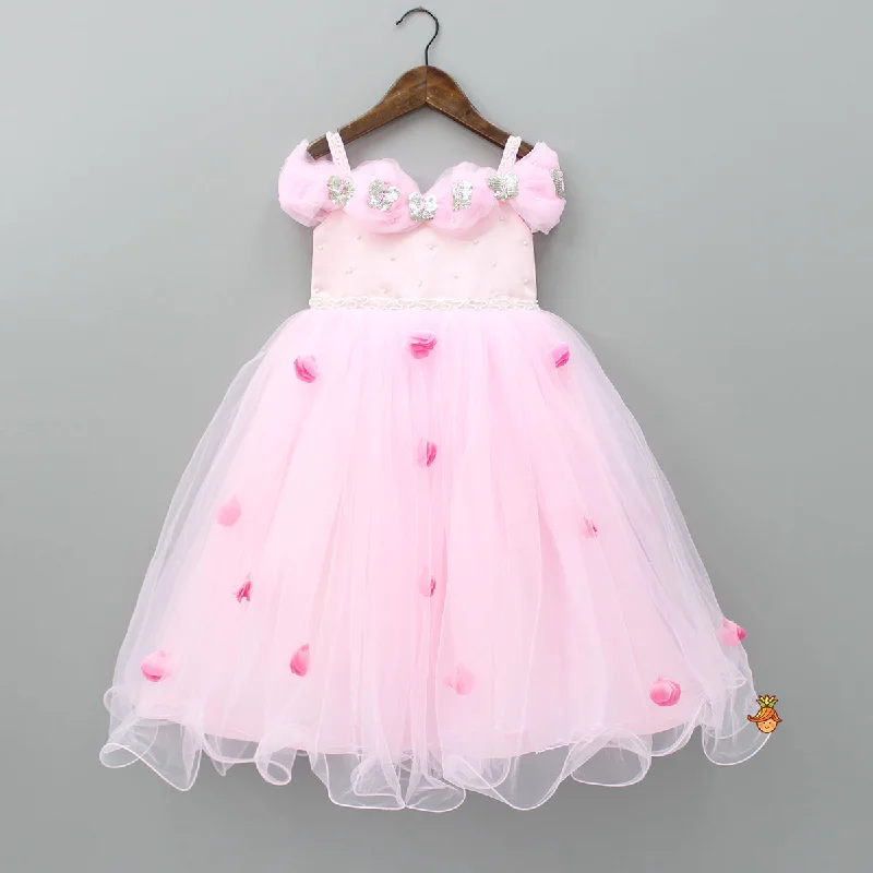 Butterfly And Pearls Enhanced Yoke Floral Baby Pink Gown With Detachable Drape Bow