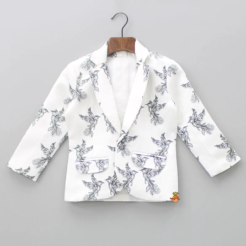 Dual Pocket Detail White And Black Bird Printed Blazer