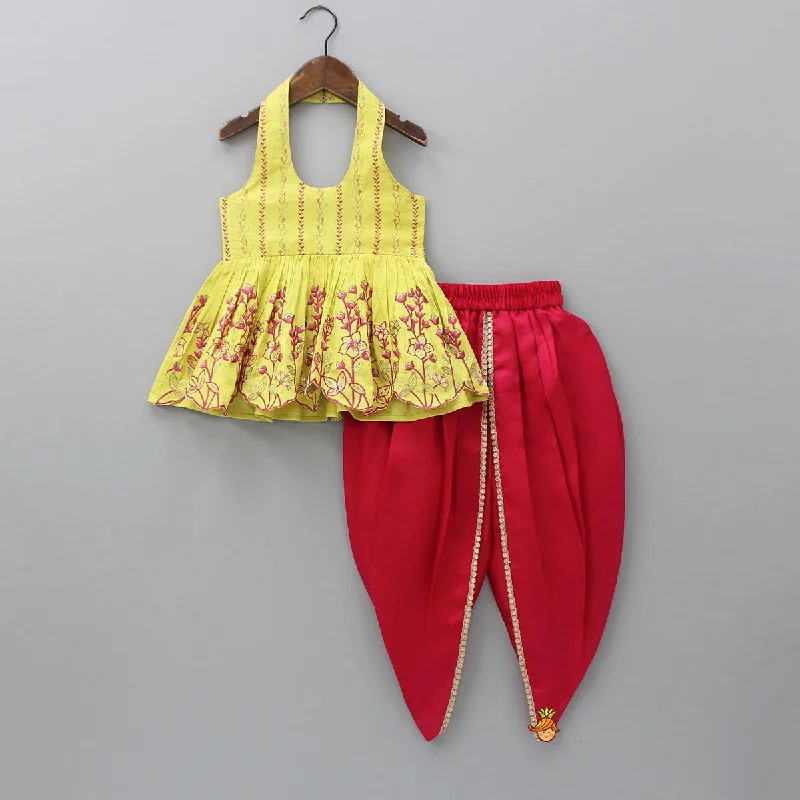 Embroidered Halter Neck Kurti And Tulip Dhoti