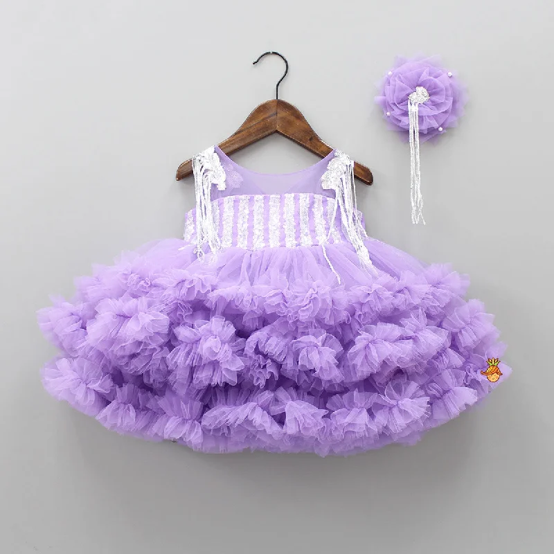 Lavender Ruffle And Sequin Dress With Hair Clip