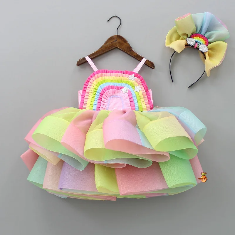 Multicolour Shaded Rainbow Theme Ruffled Dress With Hair Band