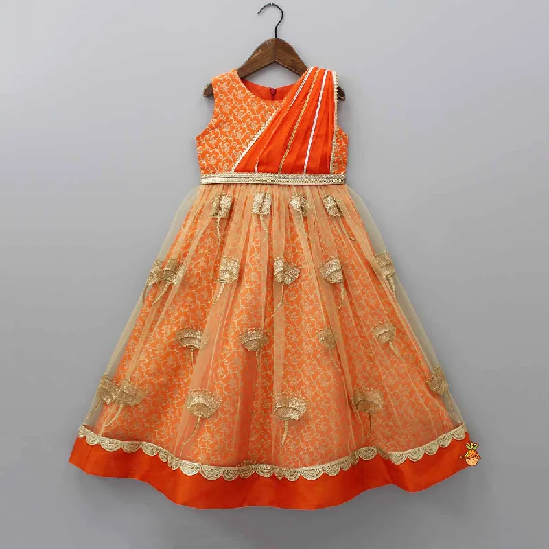 Orange Brocade Anarkali With Detachable Belt And Net Dupatta