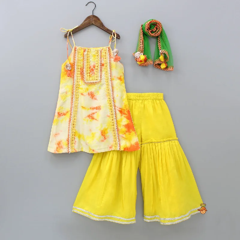 Printed Tie Up Kurti And Sharara With Net Dupatta