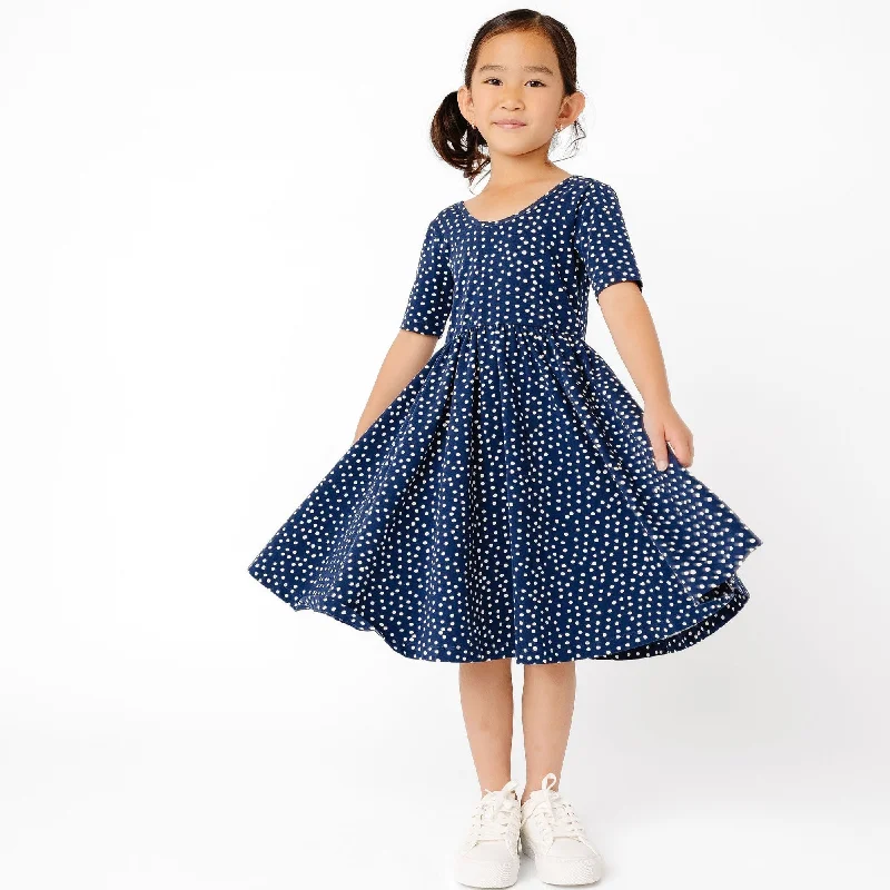 The Short Sleeve Ballet Dress in Navy Dot